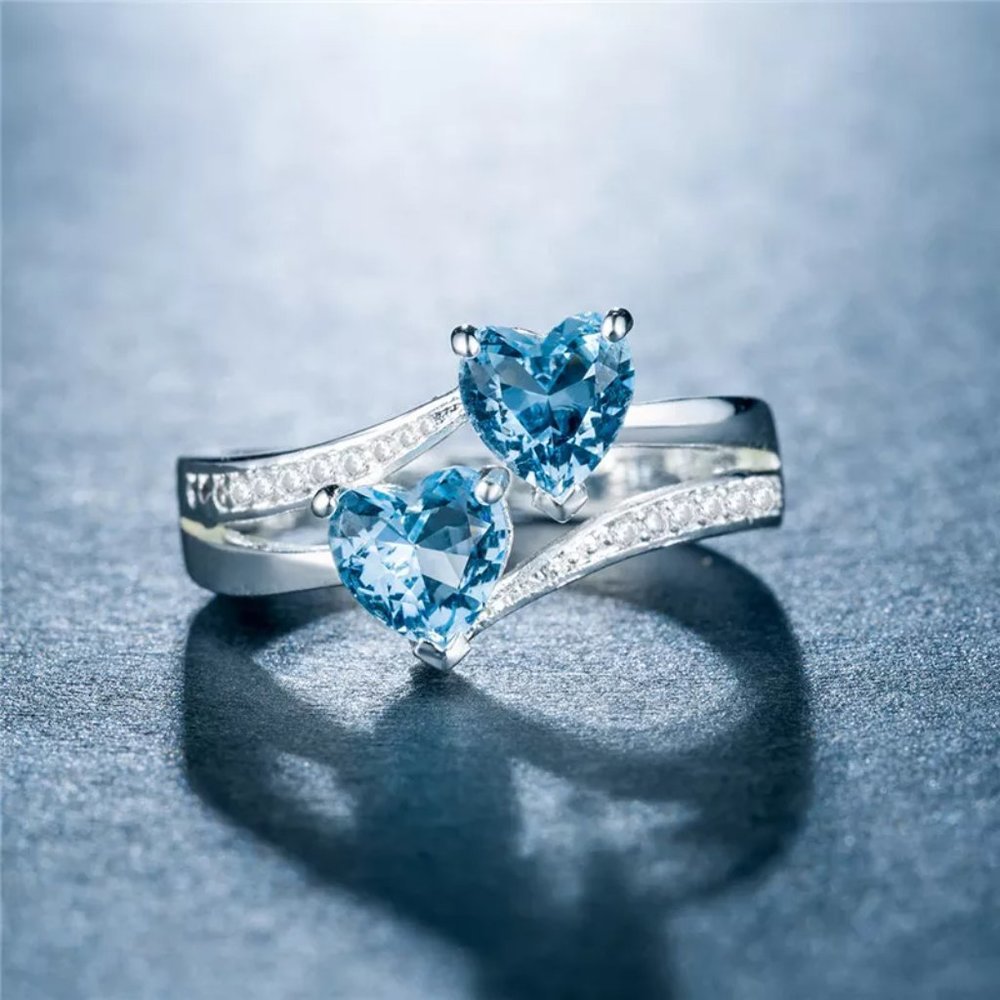 🍁925 Silver Plated Sea Blue Double Heart-Shaped CZ Ring, MLNN1187